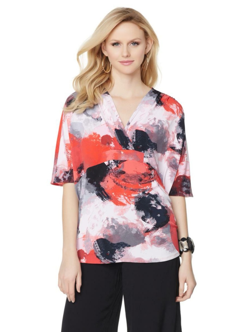 Natori Eastern Mirage Printed Caftan Faux Wrap Blouse in Red Multi 1X Vneck